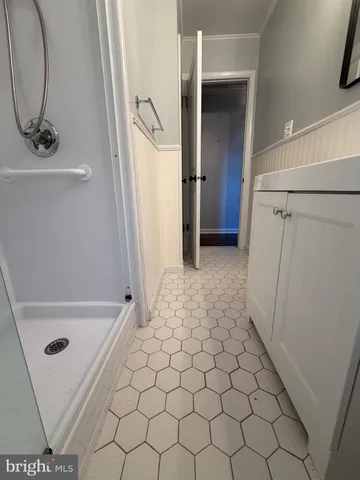 a bathroom with a sink a mirror and a shower