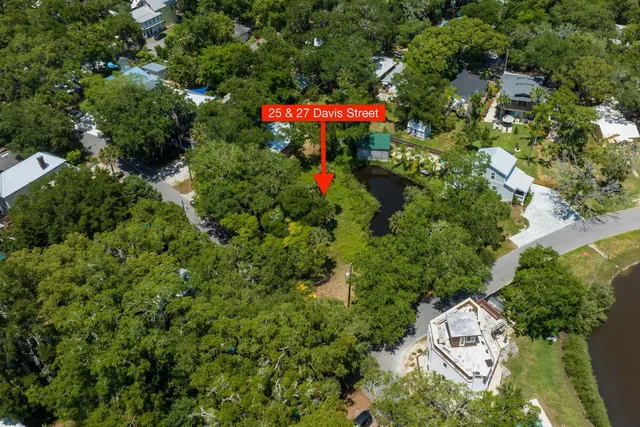 an aerial view of a house with a yard and large trees