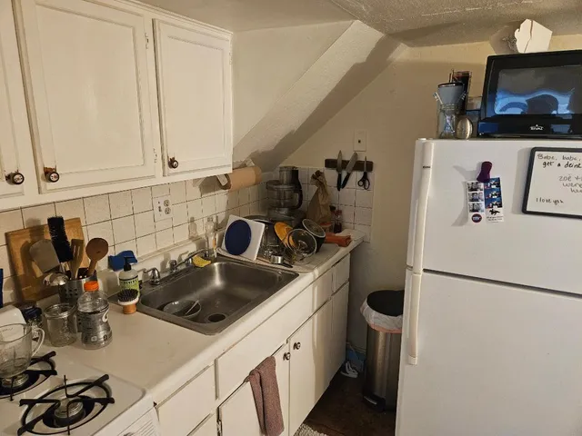 a kitchen with a refrigerator and a sink