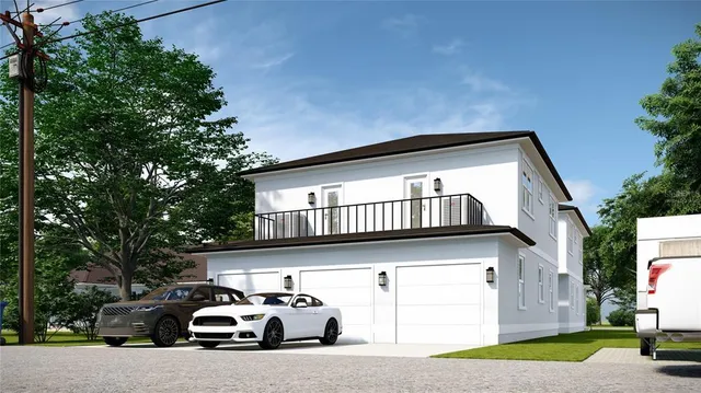 a car parked in front of white house