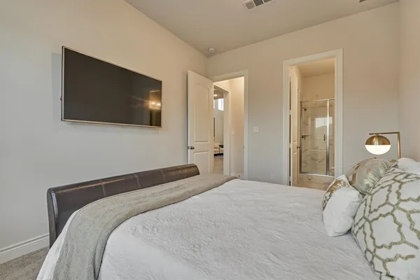 a bedroom with a bed and a flat screen tv