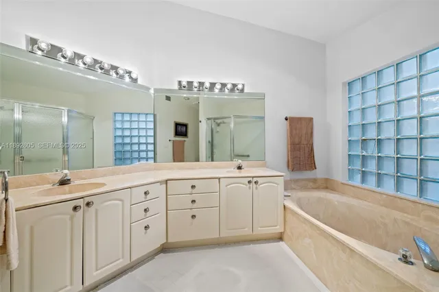 a bathroom with a tub a double vanity sink and mirror