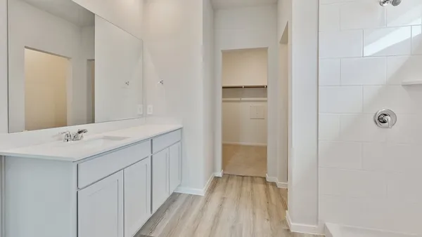 a bathroom with a sink a mirror and a shower