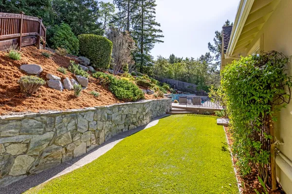 a view of a swimming pool with a lawn chairs and plants