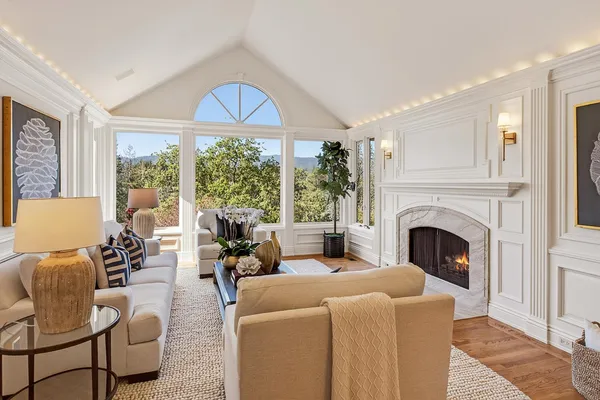 a living room with furniture a fireplace and a floor to ceiling window
