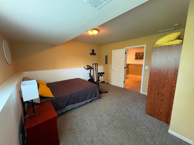 a bedroom with a bed and a walk in closet