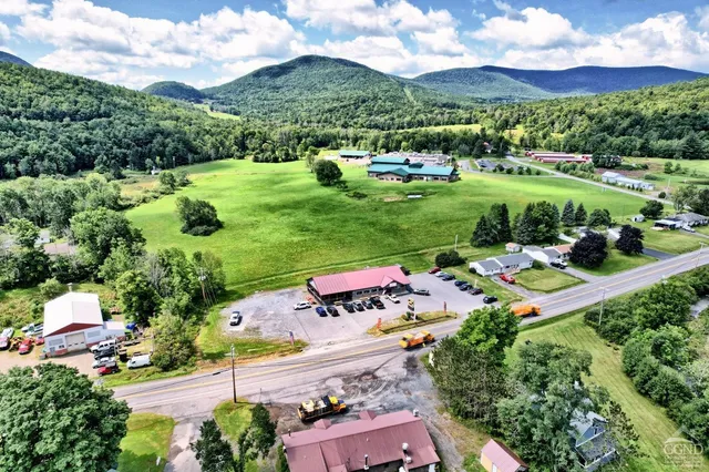 a view of a yard with furniture and a garden