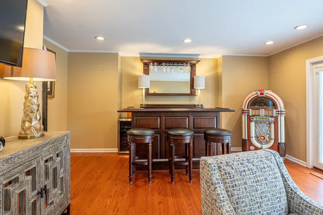 a view of a dining room with furniture