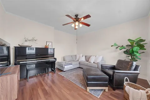 a living room with furniture a piano and a potted plant