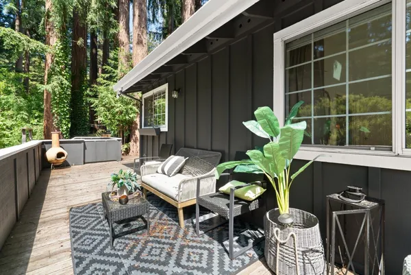a front view of a house with patio