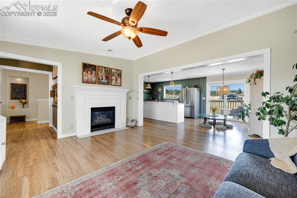 17520 Fremont Fort Road Peyton, CO 80831 - Photo 11 of 42 Living area featuring hardwood floors, a white fireplace with a mantel, and a ceiling fan