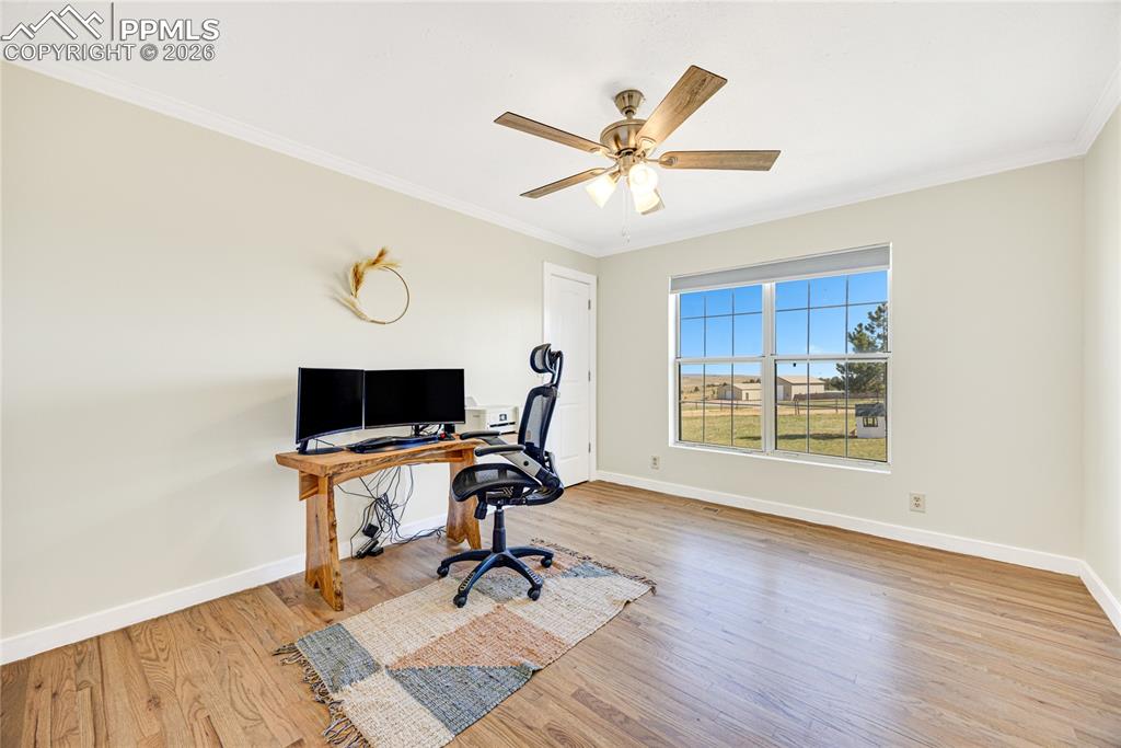 17520 Fremont Fort Road Peyton, CO 80831 - Photo 19 of 42 This room features light-colored walls, crown molding, and hardwood flooring