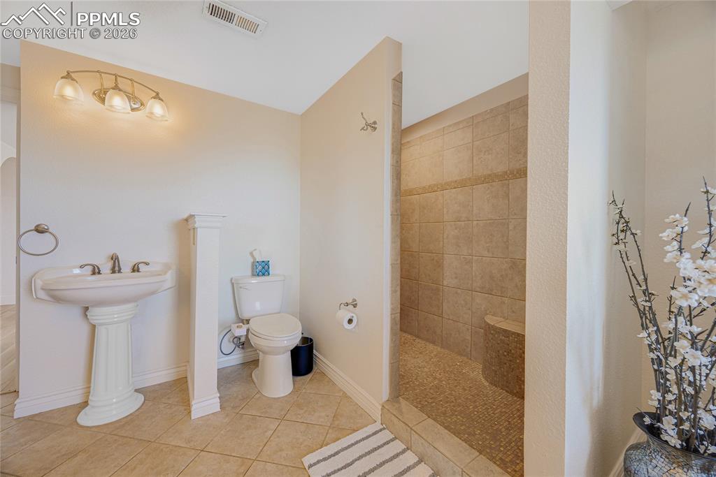 17520 Fremont Fort Road Peyton, CO 80831 - Photo 32 of 42 This bathroom features a pedestal sink, toilet, and a tiled shower with a built-in bench