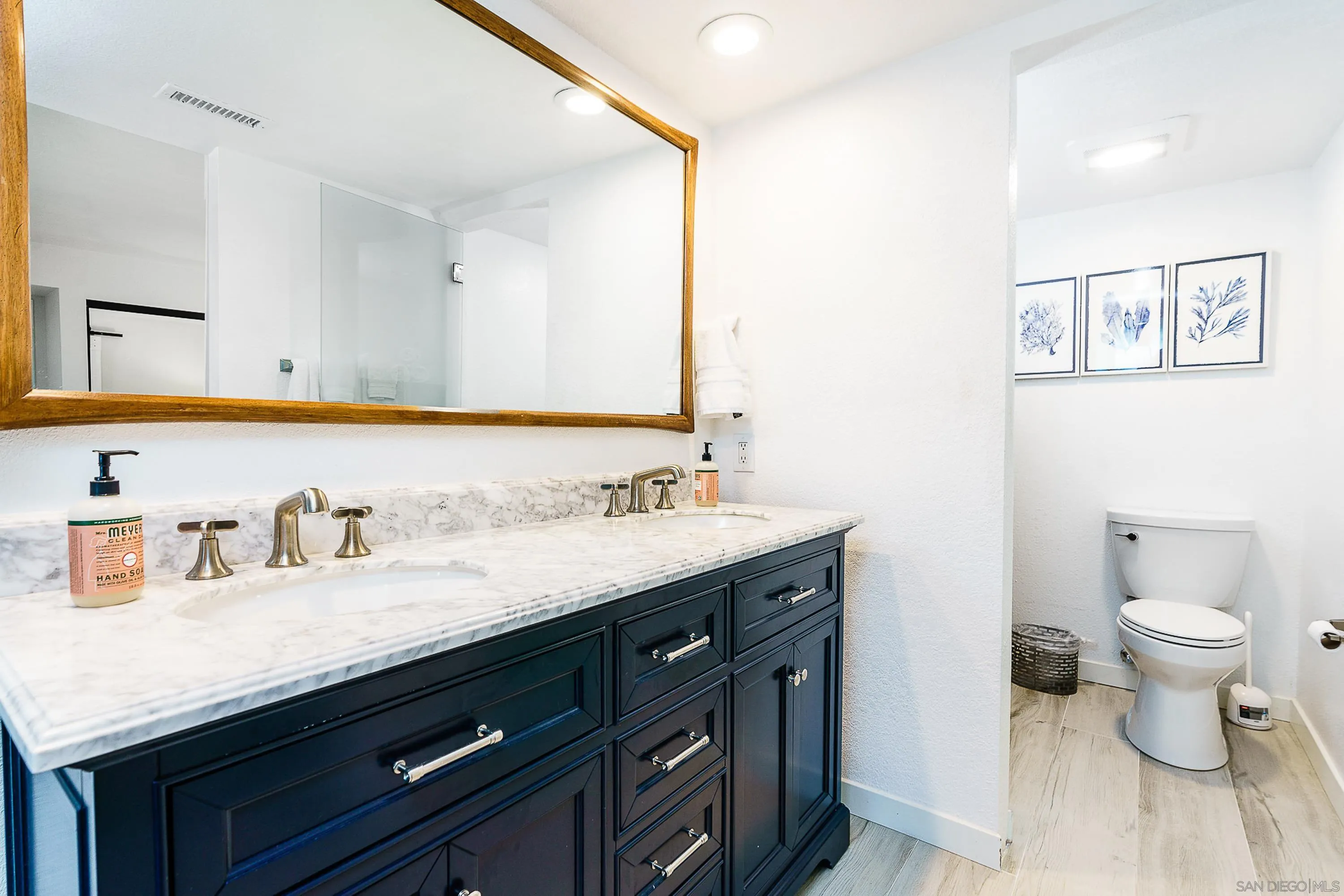 1060 America Way Del Mar, CA 92014 - Photo 20 of 61 a bathroom with a granite countertop sink a toilet and a mirror
