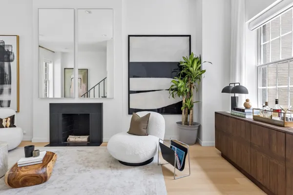 a living room with furniture and a potted plant