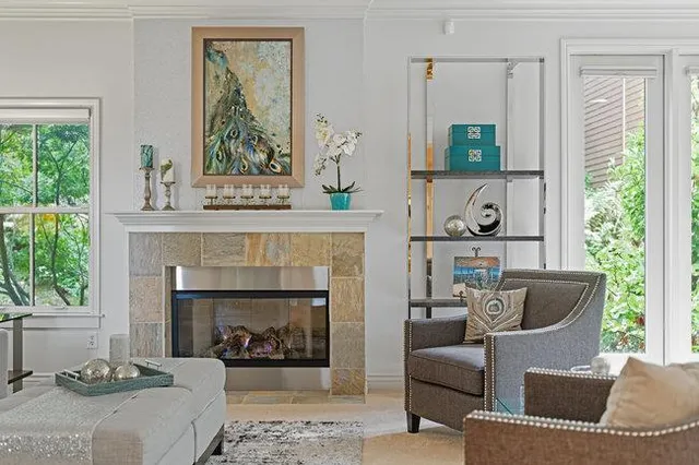 a view of a dining room with furniture window and outside view