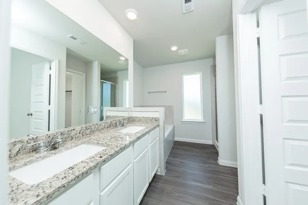 a bathroom with a granite countertop double vanity sink and a mirror