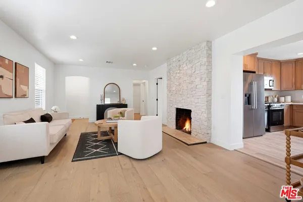 a living room with furniture and a fireplace