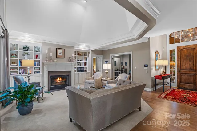 a living room with furniture a fireplace and a potted plant
