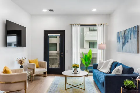 a living room with furniture and a potted plant