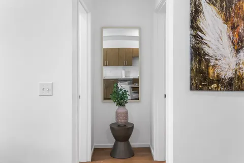 a view of a hallway with chair and a potted plant