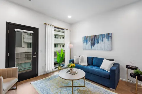 a living room with furniture and a potted plant