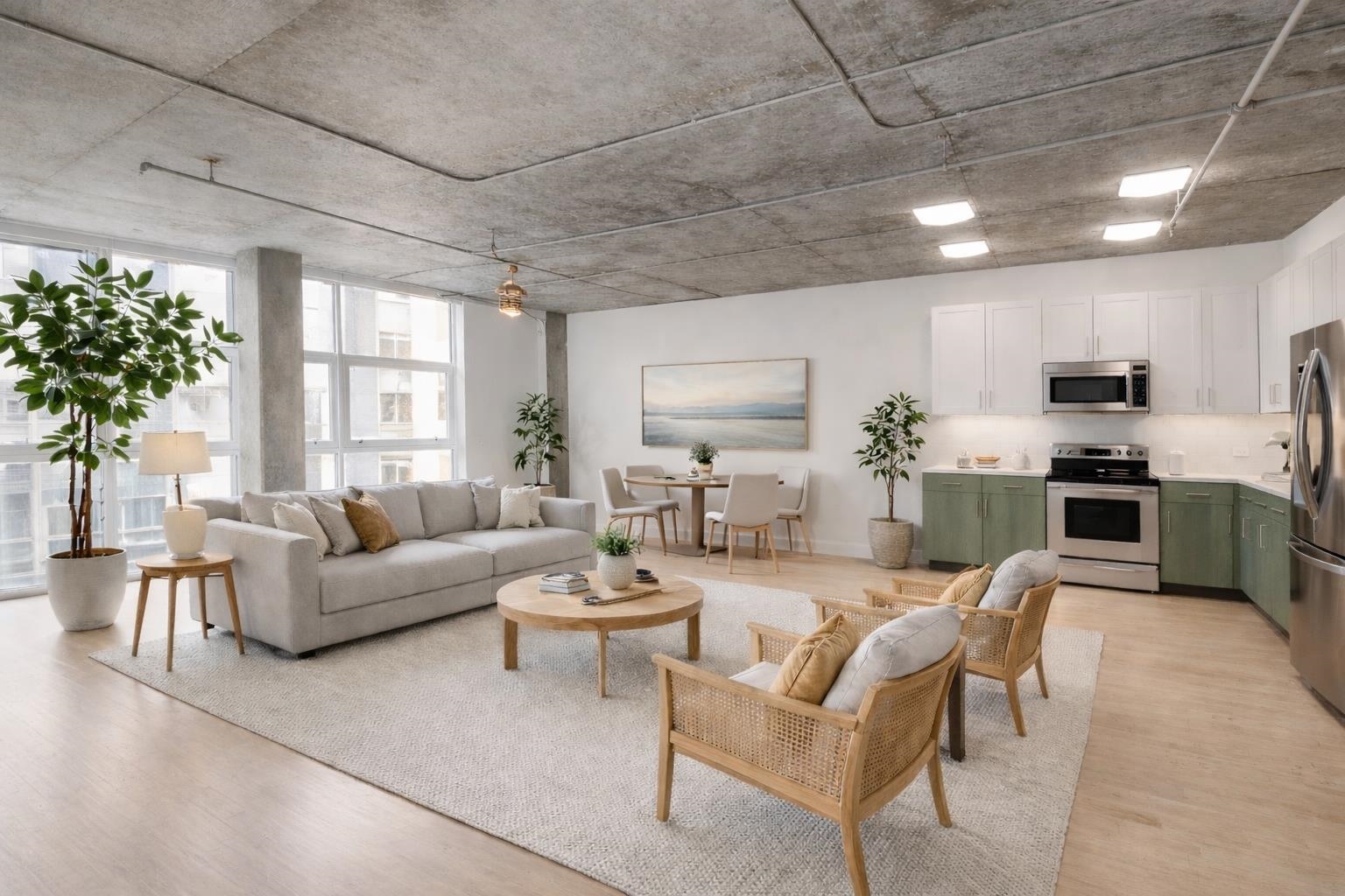 Digitally staged and kitchen cabinets digitally painted.