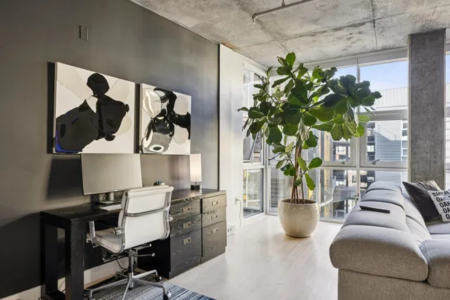 a work room with furniture and a potted plant