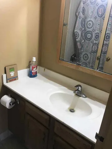 a bathroom with a sink and a mirror