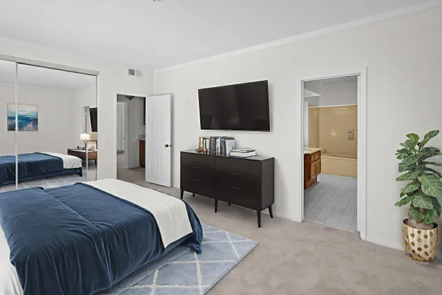 a bedroom with a bed and a flat screen television