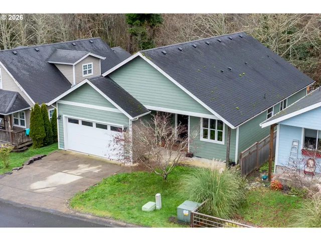 a aerial view of a house with a big yard potted plants and large tree