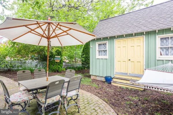 a backyard of a house with table and chairs