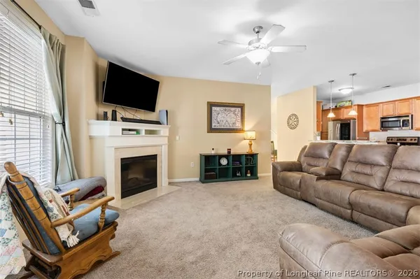 a living room with furniture a fireplace and a flat screen tv
