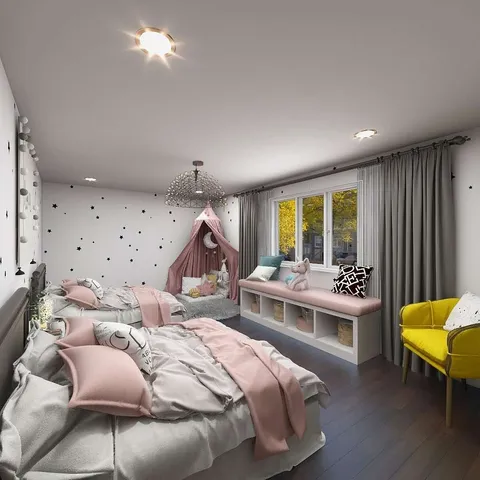 a bed room with a bed and a chair