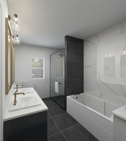 a bathroom with a bathtub a sink a toilet and a mirror