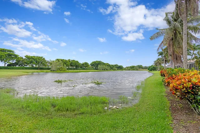 a view of a lake with houses in the back
