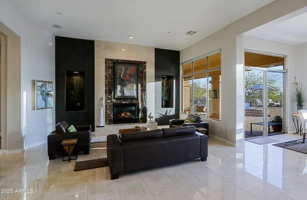 a view of a dining room with furniture window and outside view