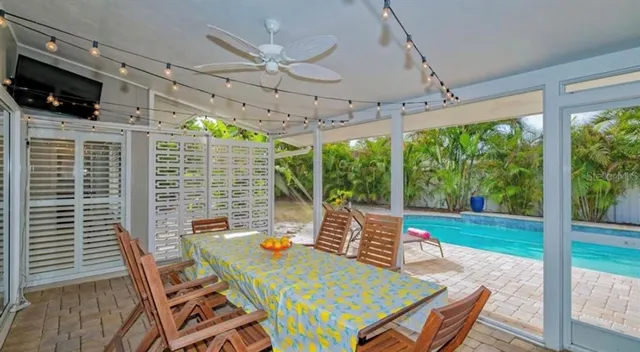a backyard of a house with table and chairs