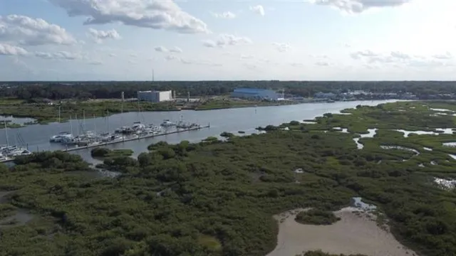 an aerial view of field with trees