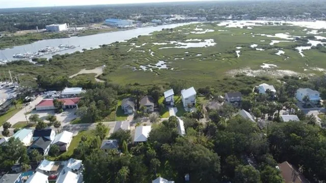 an aerial view of residential houses with outdoor space and trees