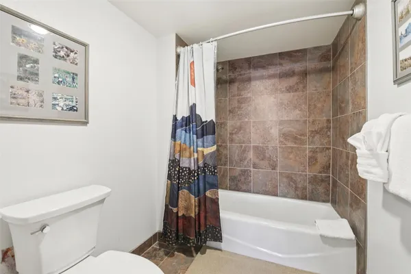 a bathroom with a bathtub and a toilet