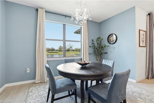 a view of a dining room with furniture window and outside view