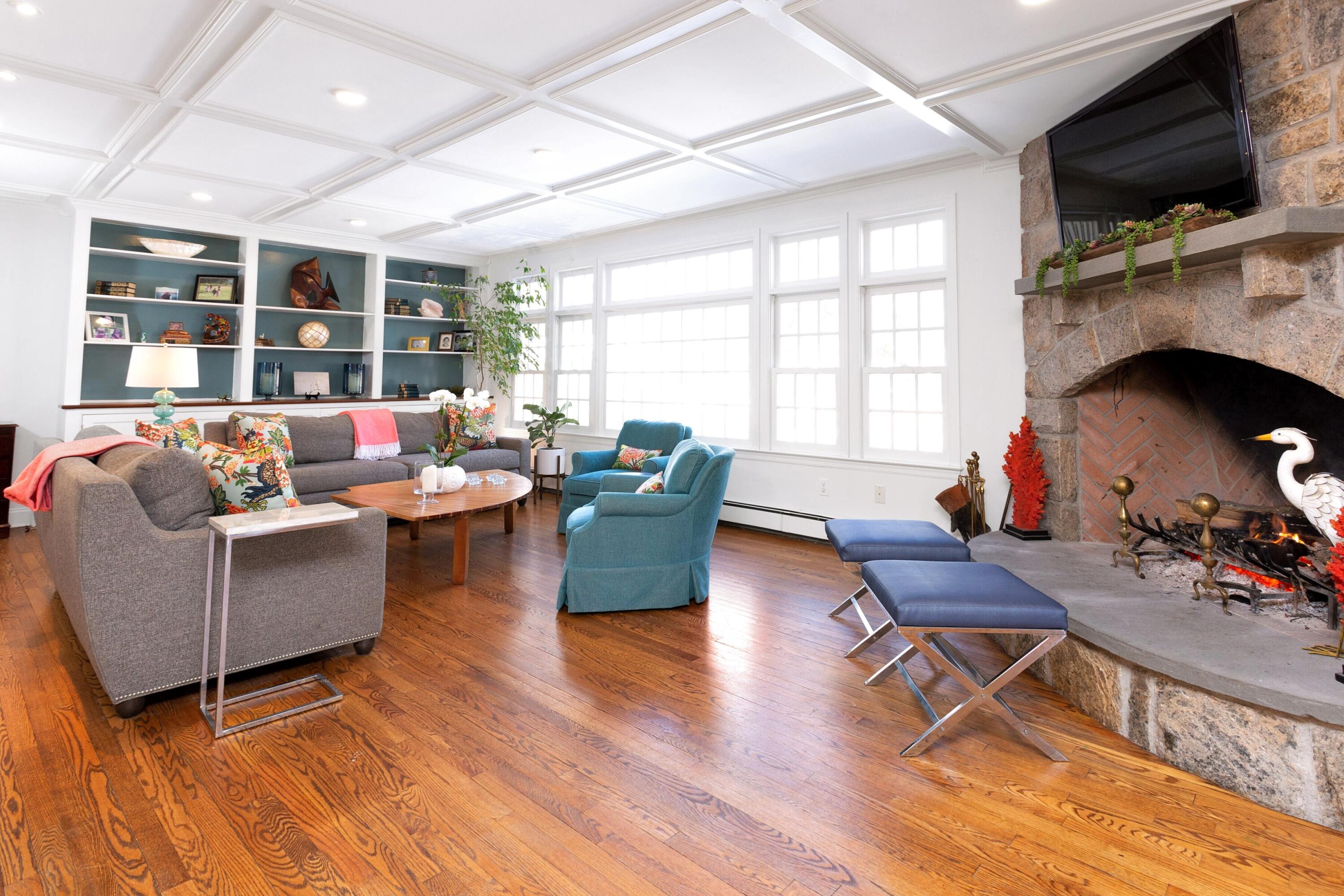 36 Sunset Road Darien, CT 06820 - Photo 13 of 38 a living room with furniture fireplace and flat screen tv