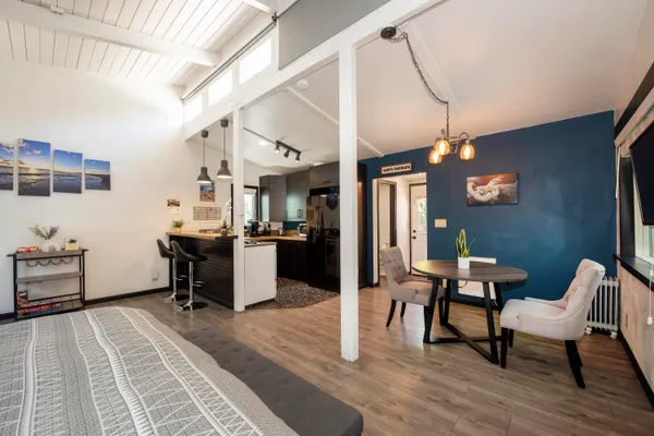 a view of a dining room with furniture