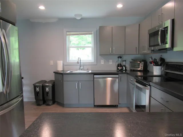 a kitchen with granite countertop a sink cabinets and stainless steel appliances