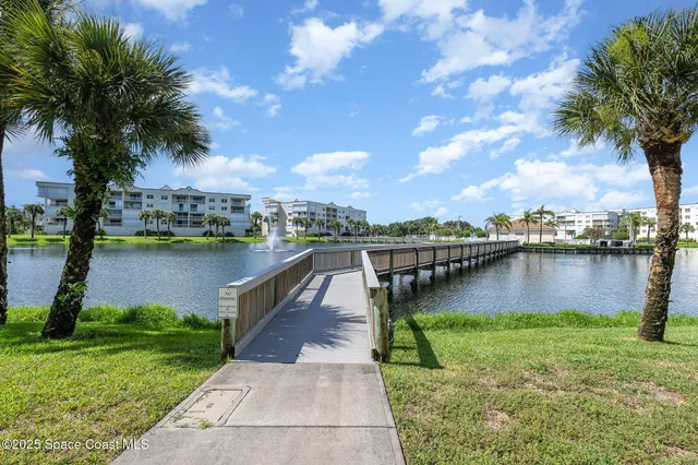 a view of a lake with a yard and large trees