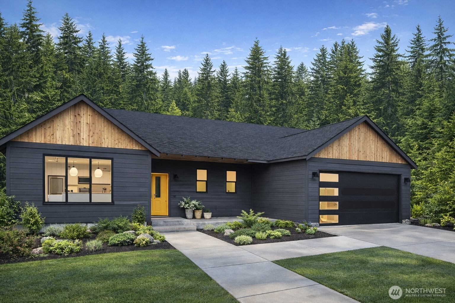 a front view of a house with a yard and outdoor seating