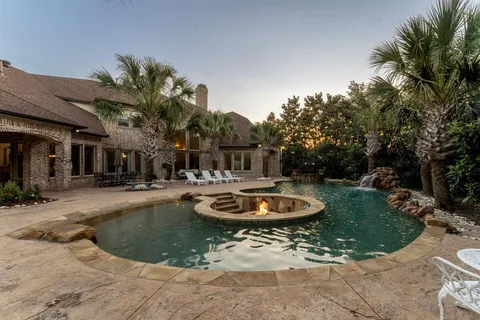 a view of a swimming pool with a garden