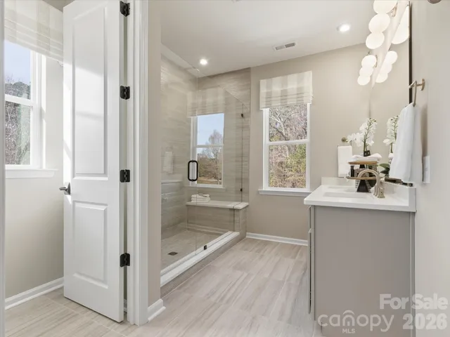 a bathroom with a tub shower vanity and a sink