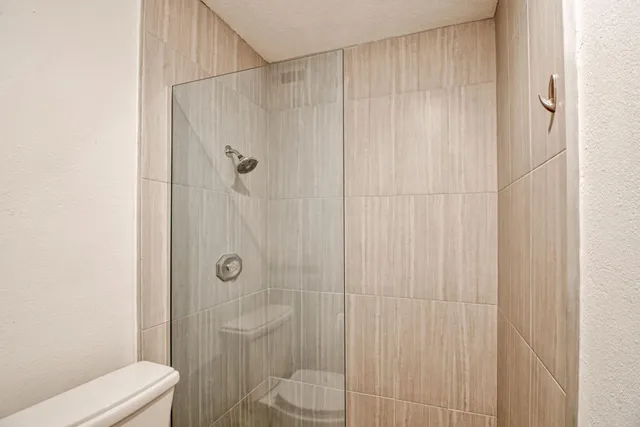 a bathroom with a shower a toilet and a sink